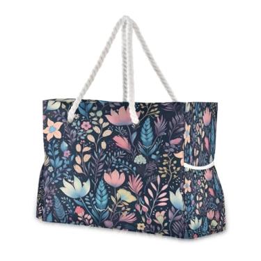 Imagem de Wassud Bolsa de praia grande com estampa floral para mulheres, impermeável, à prova de areia, bolsa de viagem com zíper e bolso para piscina, academia, acampamento