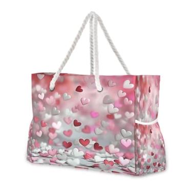 Imagem de Wassud Bolsa de praia romântica com coração grande, bolsa de praia para mulheres, impermeável, à prova de areia, bolsa de viagem com zíper e bolso para piscina, academia, acampamento