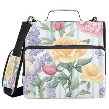 Imagem de Burbuja Pasta de fichário com 3 anéis de flores pastel em listras com zíper e alça de ombro para laptop de 13 polegadas, vários bolsos para trabalho de escritório
