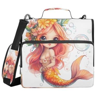 Imagem de Lindo fichário com zíper de sereia laranja com alça e alça de ombro, fichários de 3 anéis de 3 cm