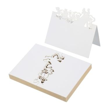 Imagem de PATIKIL 50 peças de cartões de casamento, cartões de nome, papel com glitter, etiquetas de assento dobradas para mesa, buffet, recepção, jantar, festa, branco