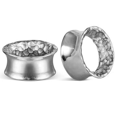 Imagem de Casvort 2 peças hipoalergênicas 316 aço inoxidável cirúrgico prata clássico martelado calibre de orelha 2 g aconchegante duplo alargado orelha túneis 6 mm joia piercing corporal