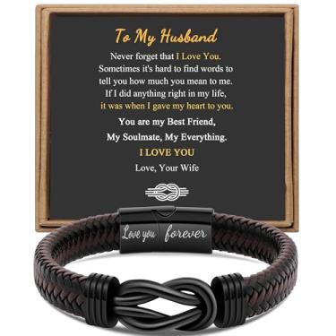 Imagem de Presente para homens, pulseira infinita para homens, pai, marido, namorado, filho, neto, irmão, sobrinho, tio, marrom, couro trançado Forever Linked Together, aço inoxidável, gravada com joia Love You