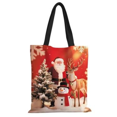 Imagem de ANNA QUEEN Sacola de lona Merry Christmas, bolsa de ombro com alça para academia, ioga, fim de semana, piquenique, praia, viagem, cozinha, Boneco de neve de alce de Papai Noel, 13.7 X 15.7 Inches
