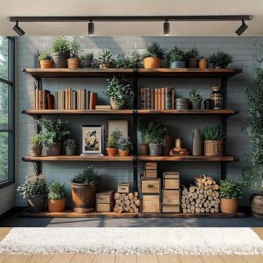 Imagem de Estante de livros vintage de madeira com fundo para fotografia de planta verde, pano de fundo de escritório para videoconferência, decoração moderna de escritório, banner, decoração interna, adereços