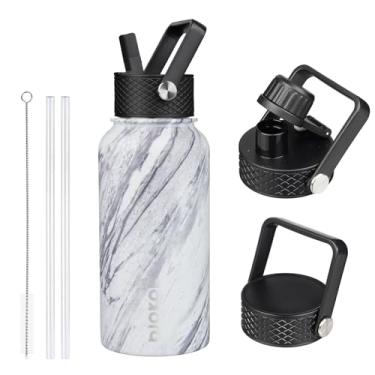 Imagem de BJPKPK Garrafas de água isoladas com tampa de palha, garrafa de água de aço inoxidável de 765 ml com 3 tampas, caneca térmica de metal à prova de vazamento livre de BPA, garrafa de água esportiva