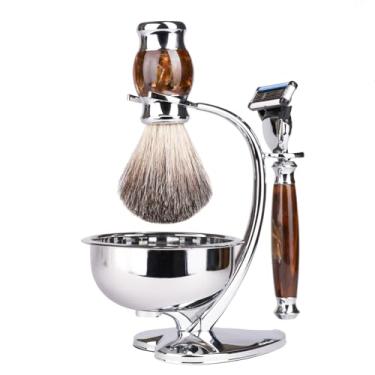 Imagem de Magyfosia Kit de barbear de luxo para homens, inclui escova de cabelo de texugo, saboneteira de barbear úmida e lâmina de segurança compatível com lâmina de 5 camadas, presente de 4 peças estilo