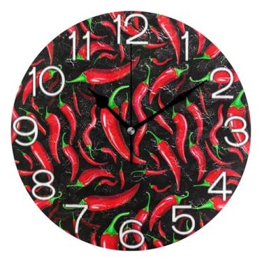 Imagem de GAIGEO Relógio de parede decorativo analógico relógio de cozinha bonito redondo sem tique-taque silencioso, sala de estar decoração de parede moderna, pimenta vermelha, 25 cm, ponteiros pretos