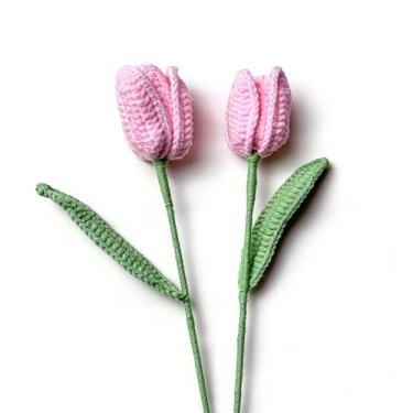Imagem de LTGICH Tulipas de crochê, flores artificiais, acabamento feito à mão, tulipas tricotadas com folha e haste longa para decoração de centros de casa, dia dos namorados, aniversário de casamento (rosa)
