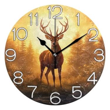 Imagem de GAIGEO Relógio de parede analógico decorativo de animais de veado fofo para quarto e cozinha relógio redondo sem tique-taque silencioso, decoração de parede retrô moderna art déco, 25 cm, ponteiros