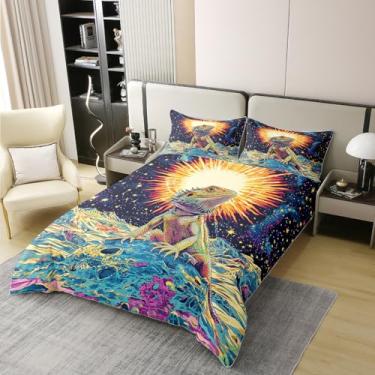 Imagem de Manfei Jogo de cama solteiro com dragão barbudo, 100% algodão, desenho animado lagarto réptil, animais répteis, capa de edredom, capa de edredom moderna e lua estrela, colorido, 1 fronha (sem edredom)