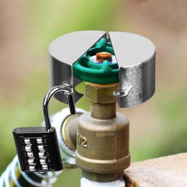 Imagem de MUZZIOU Trava de torneira de água, trava de torneira externa de metal à prova de ferrugem, dispositivo de bloqueio de válvula de portão de aço inoxidável com trava codificada, evita roubo de água e