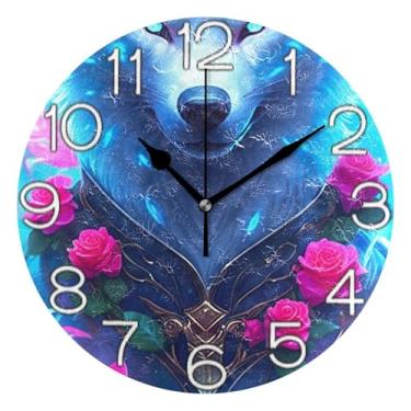 Imagem de GAIGEO Relógio de parede branco lobo azul fogo legal analógico decorativo quarto cozinha relógio redondo sem tique-taque silencioso, decoração de sala de estar, arte moderna, 25 cm, ponteiros pretos