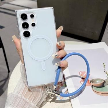 Imagem de Capa de celular com alça de couro e cor de doces para Samsung Galaxy S24, S23 Ultra e S22 Plus, capa protetora à prova de choque, azul, para S22 Ultra