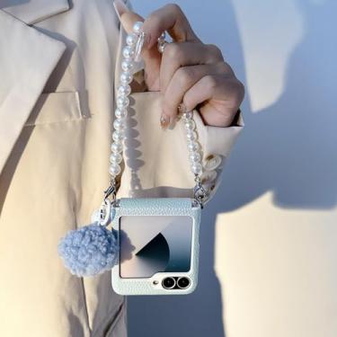 Imagem de Capa de couro genuíno com estampa de lichia de luxo para Samsung Z Flip 3 4 5 6 7 5g Flip5 Flip6 (Para Z Flip 5/Azul)