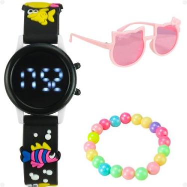 Imagem de Relogio Infantil Digital Menina Preto + Pulseira + Oculos presente ver