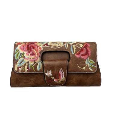 Imagem de IAMUHI Bolsa feminina vintage bordada para noite bolsa de mão de couro sintético com aba pequena bolsa bolsa de ombro, Marrom A, One Size