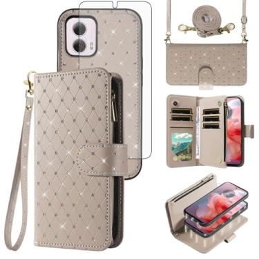 Imagem de Capa carteira compatível com Motorola Moto G Power 5G 2024 com zíper, célula destacável e protetor de tela de vidro temperado, alça transversal com glitter flip porta-cartões, capa para celular para
