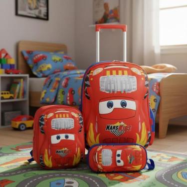 Imagem de Kit Mochila De Rodinha Infantil Menino 3 Peças Kars Kids 3D, Vermelho