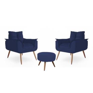 Imagem de Kit 02 Poltrona Opala + 01 Puf Redondo Suede Azul Marinho -Modena Deco