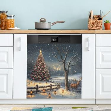 Imagem de xigua Capa magnética para máquina de lavar louça de veado de árvore de Natal, adesivos magnéticos decorativos antiarranhões para painel de geladeira e lava-louças, decoração personalizada de cozinha
