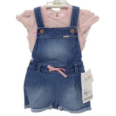 Imagem de Conjunto Jardineira Jeans + Body Bebê Menina Paraiso 13910, Rosa, G ( 