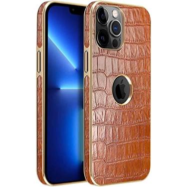 Imagem de BKUANE Capa traseira de telefone com textura de crocodilo, para Apple iPhone 14 Plus 6,7 polegadas 2022 capa de couro genuíno à prova de choque com design visível de logotipo (cor: marrom)