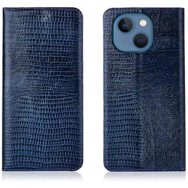 Imagem de KKFAUS Capa de telefone flip com padrão de lagarto, para Apple iPhone 13 (2021) 5G 6,1 polegadas capa fólio magnética com 2 slots de cartão (cor: azul)