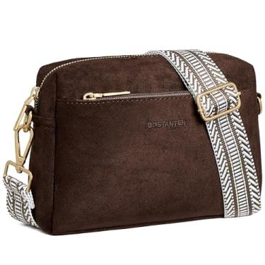 Imagem de BOSTANTEN Bolsa tiracolo pequena feminina com zíper triplo para celular, bolsa de ombro de couro com alça larga de guitarra camurça café