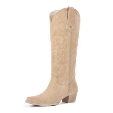 Imagem de wetkiss Botas de caubói femininas na altura do joelho, botas de vaqueira, retrô, bordadas, salto grosso, bico fino, estilo ocidental, longa, bota de puxar, Camurça damasco, 39