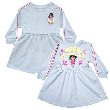 Imagem de Dora Vestido infantil feminino Dora The Explorer de manga comprida com tinta bufante na frente e nas costas, Azul claro, 5 Anos