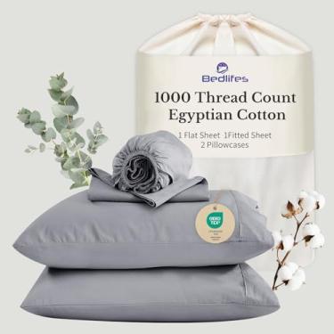 Imagem de Bedlifes Lençóis de algodão egípcio 1000 fios tamanho Queen, 4 peças de bolso profundo de 40,6 cm - roupa de cama ultramacia refrescante e respirável para conforto do hotel (prata)