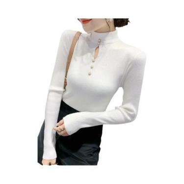 Imagem de Suéter Feminino De Tricô Gola Alta Manga Longa Vazado Slim Fit Estilo 