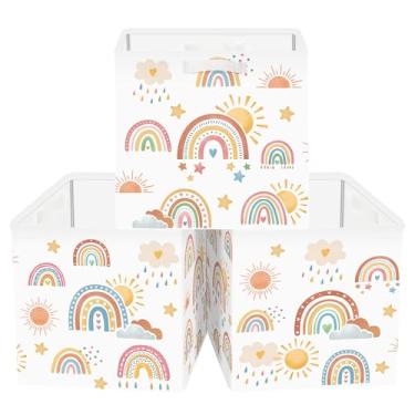 Imagem de Clastyle Conjunto organizador de cubo de armazenamento infantil arco-íris boho armário roupas cubo caixa de armazenamento berçário caixa de brinquedos meninos meninas prateleira de livros, cesta, sol