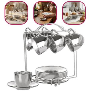 Imagem de Jogo 6 Xícaras Seul 86ml De Vidro Com Pires E Suporte Hauskraft Luxo P