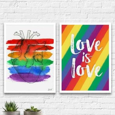 Imagem de Kit 2 Quadros Lgbt Coração Gay 33X24Cm - Madeira Branca