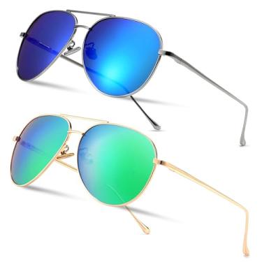 Imagem de SUNGAIT Óculos de sol aviador femininos leves e grandes - lentes polarizadas estilo clássico, Pacote com 2 (Polarizado): Prata/Azul Oceano Espelhado + Ouro Rosa/Verde Espelhado, Oversized
