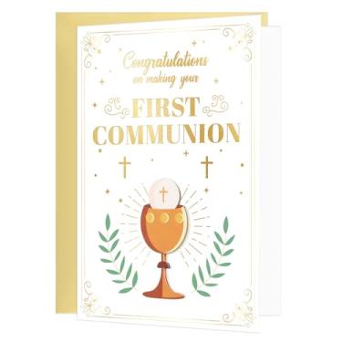Imagem de DISJOURNEY Cartão de Primeira Comunhão Católica com Cálice 3D - Design Floral de Folha Dourada para Meninos e Meninas, Cartolina Grossa 300GSM Presente de Bênção da Sagrada Comunhão, Envelope Incluído