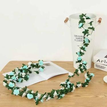 Imagem de Algasan 2 peças (94,5 pés, 45 peças), flores, plantas artificiais, videira, guirlanda pendurada, folhagem falsa, casa, cozinha, jardim, escritório, casamento, decoração de parede (azul branco)