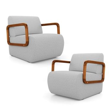 Imagem de Kit 02 Poltronas Decorativas Orgânica Living Kavya Linho Cinza Claro - Desk Design