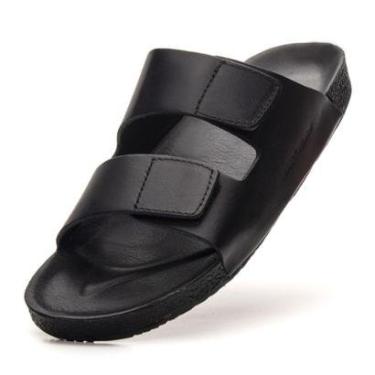 Imagem de Sandália Masculina Papete Couro Legitimo Burly Heads Fecho Adesivo Black-Masculino