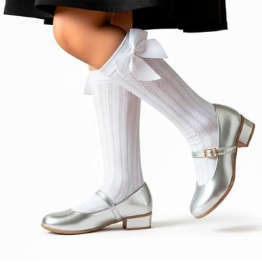Imagem de Kit Sapatilha Social Feminina Salto Quadrado e Meia Branca Cano Longo 