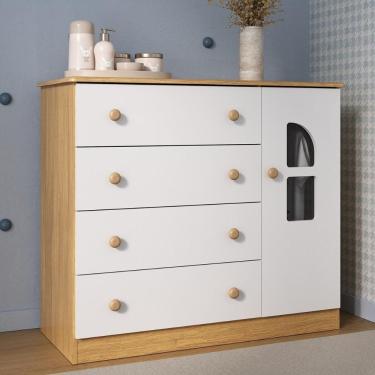 Imagem de Cômoda Infantil 95cm 1 Porta Com Vidro E 4 Gavetas Amora Multimóveis MP4510 Madeirado/branco
