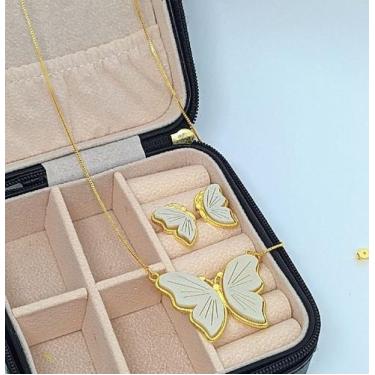 Imagem de Kit Conjunto Colar e Brincos Feminino com Pingente Borboleta Madrepéro