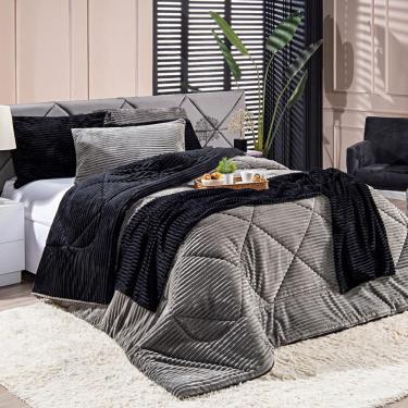 Imagem de Kit Coberdrom Cobertor King Canelado Denver Dupla Face Com Fronhas 03 Peças - Manta Microfibra Canelada Cor Cinza