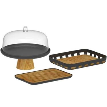 Imagem de Kit Bandeja Boleira e Tábua Migalheira Plástico Bambu Ou Preto Café Me