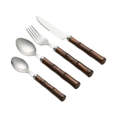 Imagem de Faqueiro 24 Peças Aco Inox Com Cabo Plastico Bambu Marrom 6409 Lyor, M