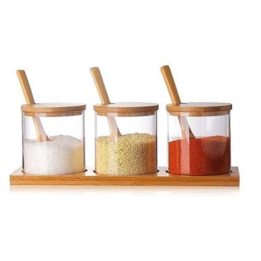 Imagem de Kit 3 Potes Vidro Tampa Suporte E Colher Bambu Condimentos - Imp