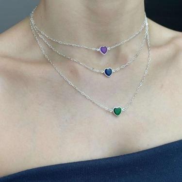 Imagem de Corrente Feminina Coração Zircônia Azul Verde Roxo Prata 925 Cor:Azul 