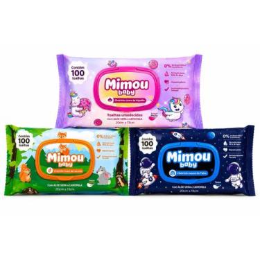 Imagem de Combo 3 Lenços Umedecidos Mimou Baby 100 Toalhas Lavanda Algodão Talco